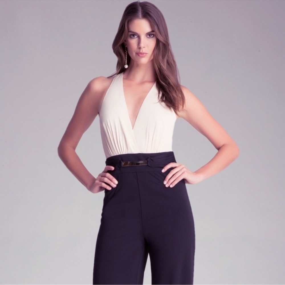 Vintage BEBE Boss V-Neck Black Wide-Leg Faux Belt Metallic Waist NYC Jumpsuit - Picture 3 of 7